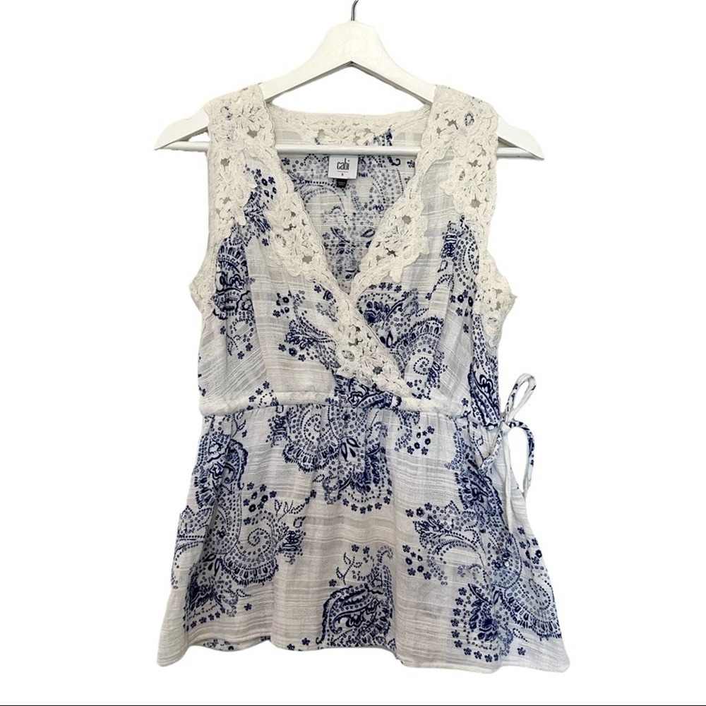 Cabi Blue White Paisley Print Lace Trim V Neck Empire Waist Top